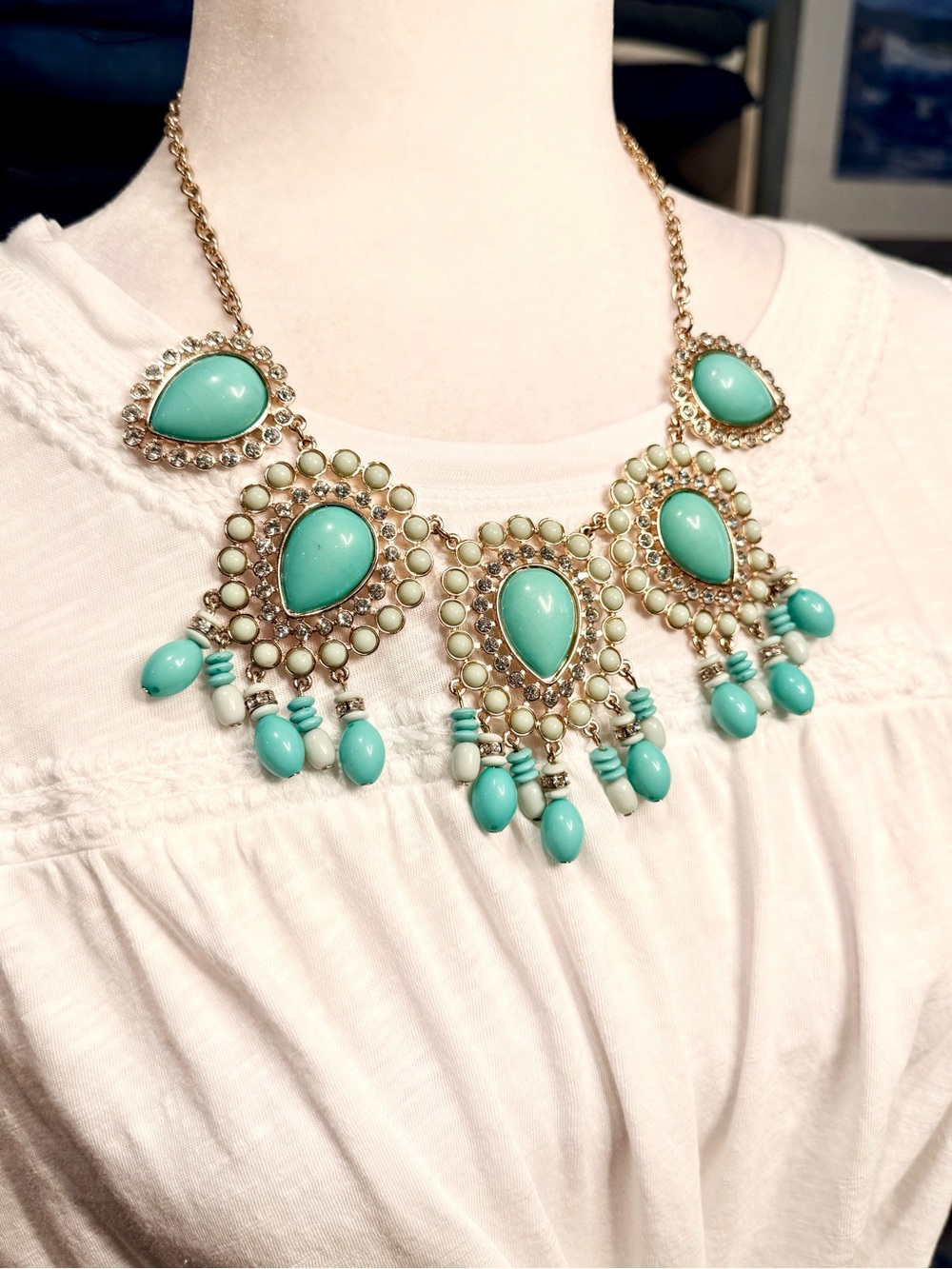 Gold Chain Statement Necklace with Turquoise Stones